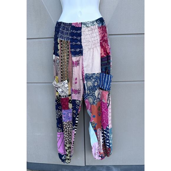 Wayan Hippie Boho Multicolor Patchwork Jogger Pants One Size Pockets India Read - Picture 2 of 11